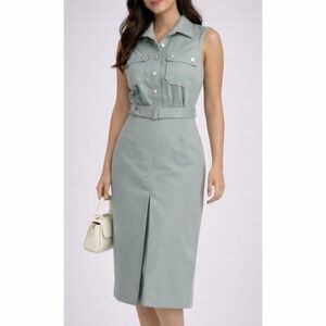 (VTG) Dusty Mint Sleeveless Belted Midi Dress, S